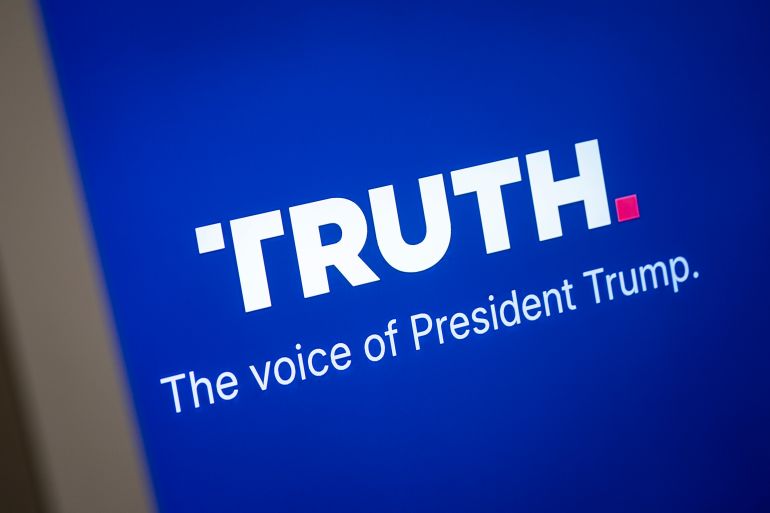 WASHINGTON, DC - JULY 10: The Truth Social logo on the final day of the Great American State Fair on July 10, 2026 in Washington, DC. Launched in February 2022, Truth Social is a social media platform owned by Trump Media & Technology Group, a company majority-owned by U.S. President Donald Trump. (Photo by Al Drago/Getty Images)