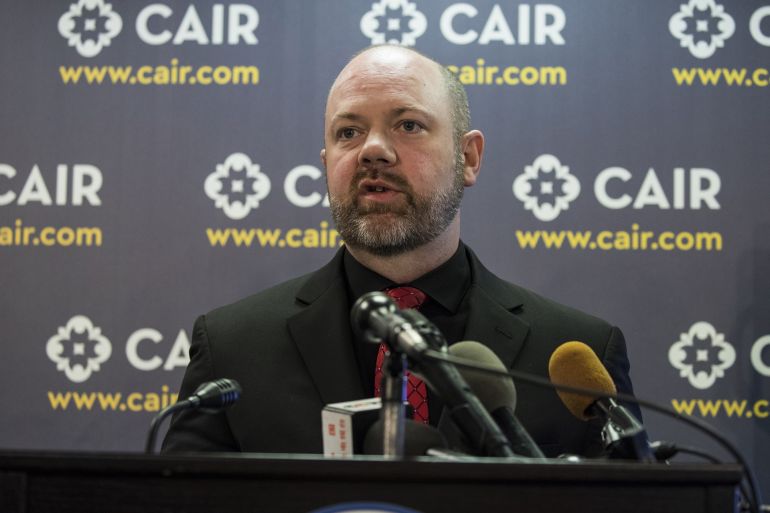 546754y-1785581543 WASHINGTON, USA - MARCH 6: Corey Saylor with the Council on American-Islamic Relations responds to President Trumps new Executive Order restricting travel and immigration from 6 majority muslim countries after the first one was struck down by the courts in Washington, USA on March 6, 2017. (Photo by Samuel Corum/Anadolu Agency/Getty Images)