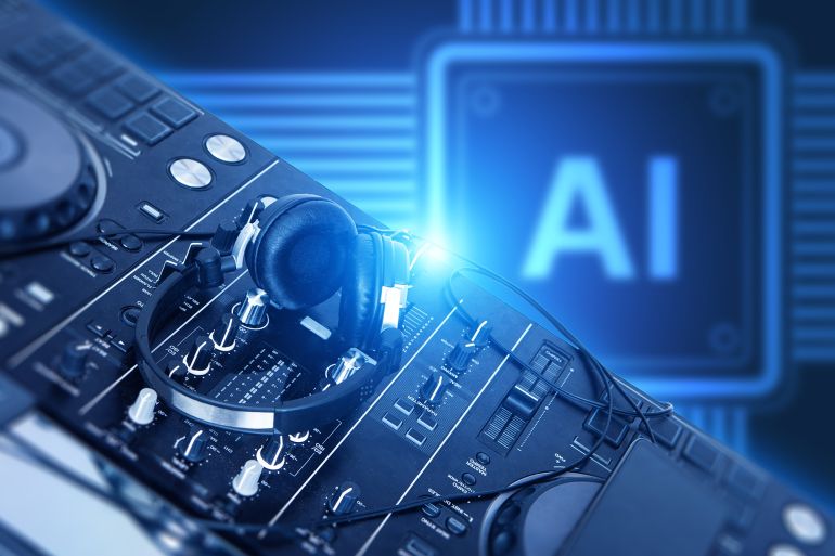 5tgdf-1774604919 Headphones on DJ mixing console with glowing AI chip symbol in background, concept of artificial intelligence in music production, Entertainment Industry.