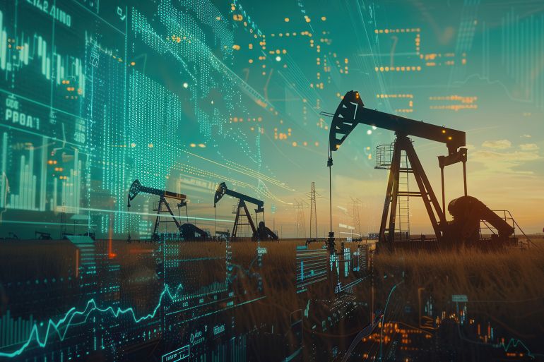 67546-1787052094 Oil pumps stand silhouetted against a sunset sky, with digital financial charts superimposed on the image. by Anat art @ادوبي ستوك