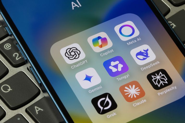 76876y-1781443096-1 Portland, OR, USA - May 19, 2025: Assorted AI apps, including ChatGPT, Copilot, Meta AI, Gemini, Tongyi Qianwen (Qwen), DeepSeek, Grok, Claude, and Perplexity, are seen on the screen of an iPhone.