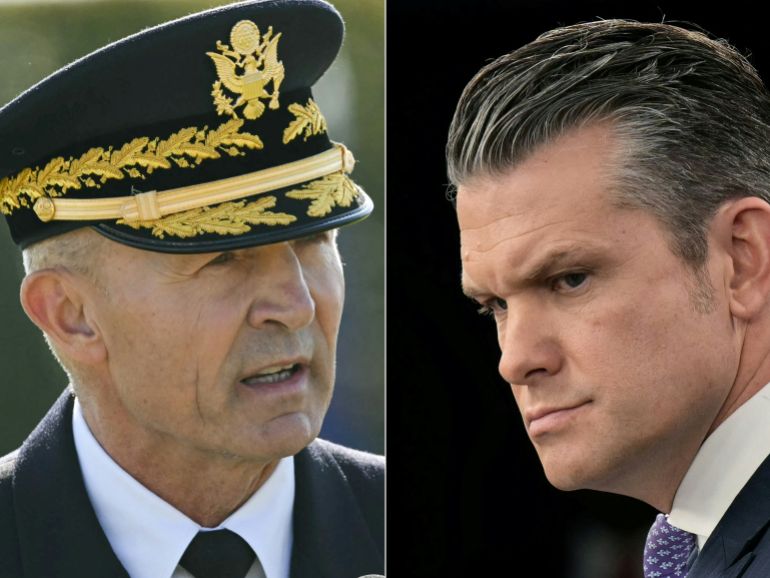 afp_69cf0036c913-1775173686 (COMBO) This combination of pictures created on April 2, 2026 shows US Army Chief of Staff General Randy George (L) in Washington, DC on September 19, 2025 and US Secretary of Defense Pete Hegseth in Washington, DC, on March 31, 2026.