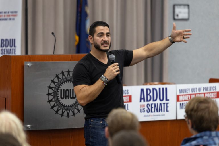 WARREN, MICHIGAN - AUGUST 02: Democratic candidate for U.S. Senate in Michigan Abdul El-Sayed speaks to supporters during a rally at the UAW Region 1 hall on August 02, 2026 in Warren, Michigan. El-Sayed will face off against U.S. Rep. Haley Stevens (D-MI) in the Democratic primary on Tuesday August 4. Scott Olson/Getty Images/AFP (Photo by SCOTT OLSON / GETTY IMAGES NORTH AMERICA / Getty Images via AFP)