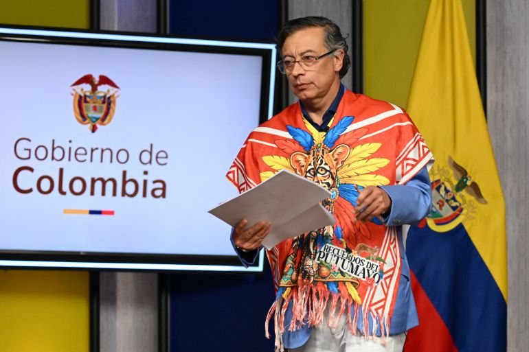 Colombia's President Gustavo Petro looks on during a press conference at the Casa de Narino Presidential Palace in Bogota on August 3, 2026. (Photo by Raul ARBOLEDA / AFP)