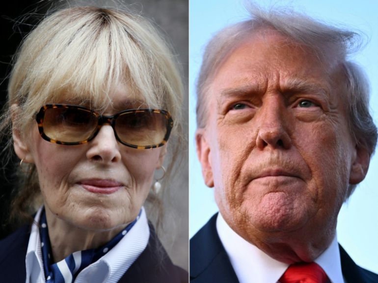 (FILES) This combination of pictures created on September 08, 2025 shows, L/R, E. Jean Carroll departing Manhattan federal appeals court following arguments in a judgement appeal brought by former US President Donald Trump, in New York City, September 6, 2024 and US President Donald Trump at Joint Base Andrews in Maryland on September 7, 2025.