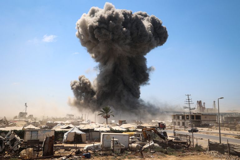 afp_6a8af5981b93-1787491736 Black smoke rises following an Israeli strike, carried out after the military warned Palestinian residents to evacuate the area of Maghazi, in the central Gaza Strip, on August 23, 2026.