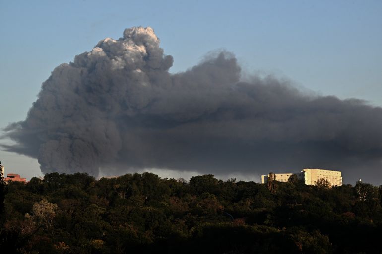 A dark smoke plume billows following a drone strike in Kyiv, on August 29, 2026, amid the Russian invasion of Ukraine.