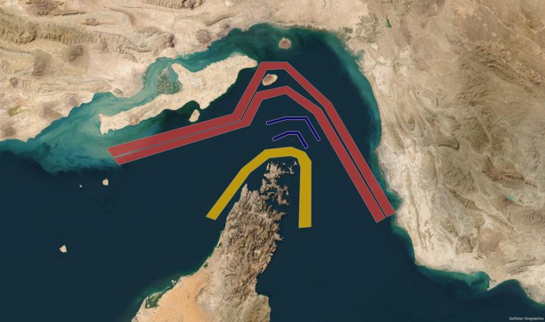 all-routes-1788087094 مسارات العبور البحرية في هرمز من الأعلى(الإيراني، المسار القديم، المسار العماني (الجزيرة-إيزري)