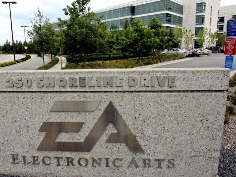 Title: Sign in front of Electronic Arts headquarters, Redwood City, California, photo Image ID: 050503020765 Article: Sign in front of Electronic Arts headquarters, Redwood City, California, photo