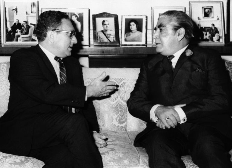 ap7107080116-1786984474 Presidential advisor Henry A. Kissinger, left, chatted with President Agha Mohammed Yahya Khan in Rawalpindi, Pakistan, after his arrival, July 8, 1971. On the morning of July 9, it was announced that Kissinger had become ill with stomach problems. President Nixon revealed on July 15, that Kissinger had held talks with communist China's Premier Chou en-lai in Peking from July 9 to 11. Kissinger's clandestine trip was one of the most closely held secrets in U.S. diplomacy. (AP Photo)