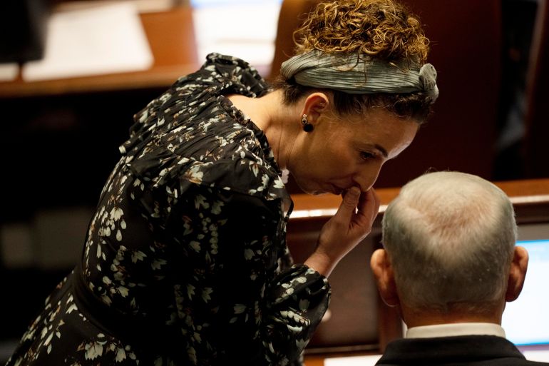 ap_6a6fa26f93d38-1785700975 CORRECTS TO SWEARING-IN OF PARLIAMENT, NOT GOVERNMENT - Israeli lawmakers Idit Sliman confers with Likud Party leader and incoming Prime Minister Benjamin Netanyahu at the swearing-in ceremony for Israel's parliament, at the Knesset, in Jerusalem, Tuesday, Nov. 15, 2022. (AP Photo/ Maya Alleruzzo, Pool)