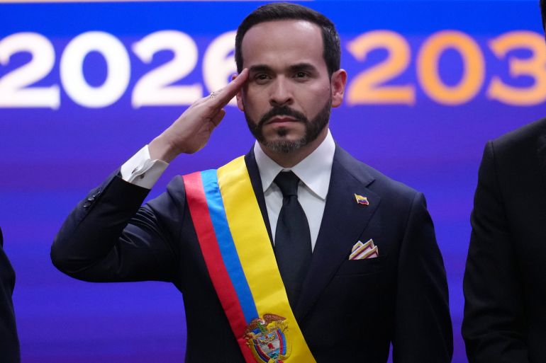 ap_6a7b8767dc062-1786480487 Colombia's President Abelardo de la Espriella salutes after taking the oath of office in Cali, Colombia, Friday, Aug. 7, 2026. (AP Photo/Matias Delacroix)
