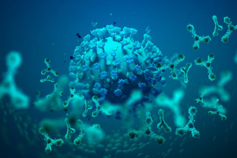 Antibodies in blood. Immunity fights viral infection. 3D illustration on the theme of a pandemic, epidemic, viruses and their mutations