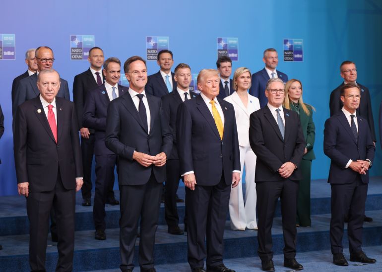 epa_6a4e57a158ef-1783519137 epa13097781 (L-R) Turkish President Recep Tayyip Erdogan, NATO Secretary General Mark Rutte, US President Donald Trump, UK Prime Minister Keir Starmer and Sweden Prime Minister Ulf Kristersson prepare for a group photo during the 2026 NATO Summit in Ankara, Turkey, 08 July 2026. The NATO Summit takes place from 07-08 July. EPA/GEORGI LICOVSKI