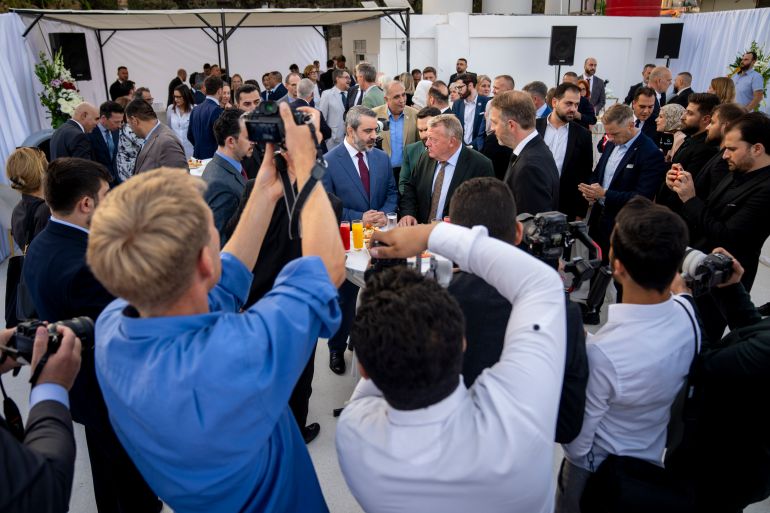 epa13203021 Danish Foreign Minister Lars Loekke Rasmussen (C-R) participates together with Syria's Foreign Minister Asaad al-Shaibani (C-L) in the reopening of the Danish embassy in Damascus, Syria, 31 August 2026. Denmark is one of the first EU countries to reopen its embassy in the country. EPA/Ida Marie Odgaard DENMARK OUT