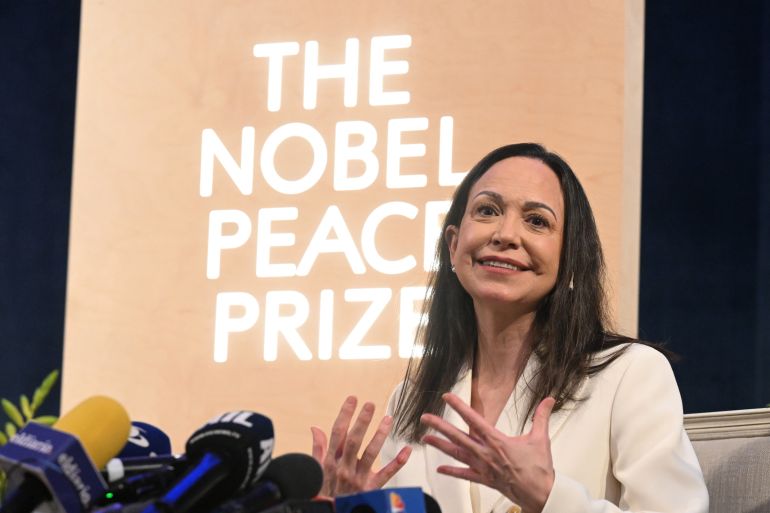 getty_693ae3cdbf-1765467085 OSLO, NORWAY - DECEMBER 11: Maria Corina Machado, the Venezuelan opposition figure and 2025 Nobel Peace Prize recipient, attends a press conference on December 11, 2025 in Oslo, Norway. Machado, who had been banned from leaving Venezuela, missed the award ceremony yesterday before arriving in Olso late last night. (Photo by Rune Hellestad/Getty Images)