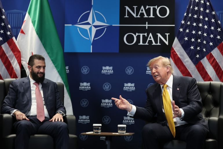 getty_6a4f2e83ac-1783574147 ANKARA, TURKEY - JULY 08: U.S. President Donald Trump (R) meets with Ahmed al-Sharaa, President of Syria (L) for bilateral talks at Beştepe Presidential Compound during the NATO Summit on July 08, 2026 in Ankara, Turkey. Leaders from NATO's 32 countries, plus NATO allies like Ukraine, gathered in the Turkish capital to discuss a range of issues involving spending targets, defense industrial production, and support for Ukraine, among other topics. (Photo by Win McNamee/Getty Images)