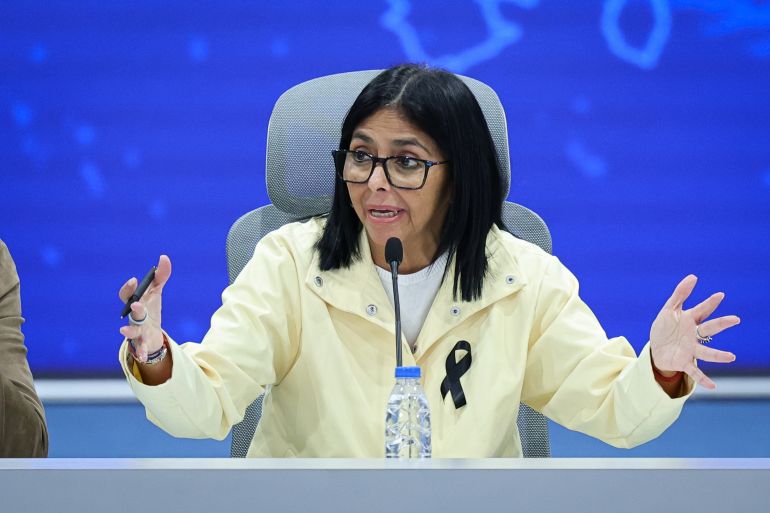 CARACAS, VENEZUELA - JULY 2: Delcy Rodriguez, Venezuela's interim president, speaks during a press conference regarding the situation in Venezuela after the double earthquake that struck the country, at Miraflores Palace on July 2, 2026 in Caracas, Venezuela. According to the U.S. Geological Survey (USGS), the main earthquake on June 24, 2026 was followed by a 7.5-magnitude aftershock less than a minute later. The number of fatal victims increased to 2595, while the number of injured people exceeded 12,000. More than 70,000 people are reported missing. (Photo by Jesus Vargas/Getty Images)