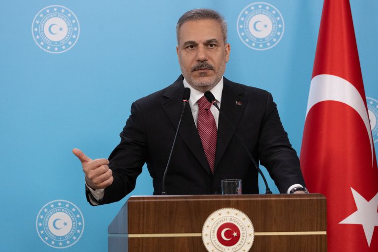getty_6a7850cd3e-1786269901 ANKARA, TURKEY - AUGUST 6: Turkish Foreign Minister Hakan Fidan hosts a joint press conference with Syrian Foreign Minister Asaad al-Shibani (not pictured) on August 6, 2026, in Ankara, Turkey. Syrian Foreign Minister Asaad al-Shibani is in Turkey for an official state visit. (Photo by Serdar Ozsoy/Getty Images)