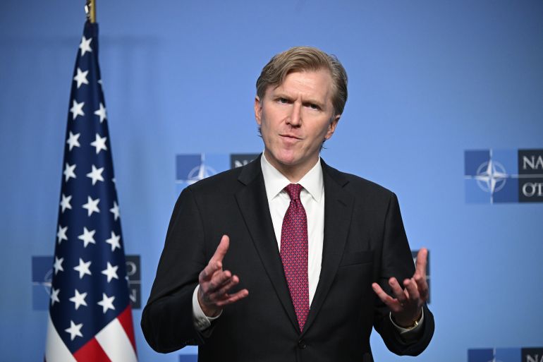 getty_6a79b26e41-1786360430-1 BRUSSELS, BELGIUM - FEBRUARY 12: Elbridge A. Colby,U.S. Under Secretary of War for Policy, speaks at the start of a meeting of NATO defence ministers on February 12, 2026 at NATO headquarters in Brussels, Belgium. (Photo by Leon Neal/Getty Images)