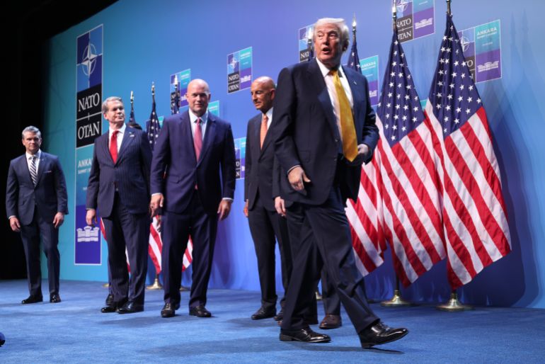 getty_6a7a8fad2b-1786417069 ANKARA, TURKEY - JULY 08: U.S. President Donald Trump leaves after holding a press conference during the 2026 NATO Leaders Summit at the Beştepe Presidential Compound on July 08, 2026 in Ankara, Turkey. Leaders from NATO's 32 countries, plus NATO allies like Ukraine, gathered in the Turkish capital to discuss a range of issues involving spending targets, defense industrial production, and support for Ukraine, among other topics. (Photo by Win McNamee/Getty Images)