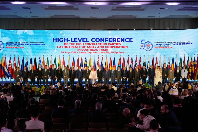 getty_6a7b73fd56-1786475517 MANILA, PHILIPPINES - JULY 24: Philippines Foreign Secretary Theresa Lazaro (twelfth from left) poses with other leaders during the High-Level Conference of the High Contracting Parties to the Treaty of Amity and Cooperation (TAC) on the sidelines of the ASEAN Foreign Ministers' Meeting, at the Philippine International Convention Center on July 24, 2026 in Pasay, Metro Manila, Philippines. The ASEAN Foreign Ministers’ Meeting comes as the region confronts mounting geopolitical tensions, with discussions expected to focus on the U.S.-Israel war with Iran and its impact on energy supplies and trade, Myanmar’s deepening civil conflict, and efforts to advance a long-delayed code of conduct in the disputed South China Sea. (Photo by Aaron Favila - Pool/Getty Images)