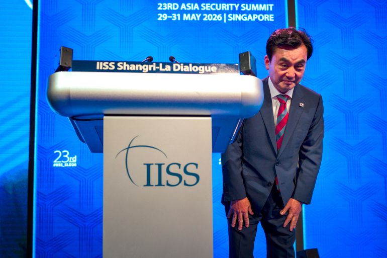 getty_6a869df8be-1787207160 SINGAPORE, SINGAPORE - MAY 30: South Korea Defence Minister Ahn Gyu-back bows before delivering a speech during the 23rd IISS Shangri-La Dialogue at the Shangri-La Hotel on May 30, 2026 in Singapore. Senior defence officials and military leaders from across the Asia-Pacific and beyond convene at the Shangri-La Hotel in Singapore for the International Institute for Strategic Studies (IISS) Shangri-La Dialogue, one of Asia's premier track-one intergovernmental security forums. (Photo by Ezra Acayan/Getty Images)