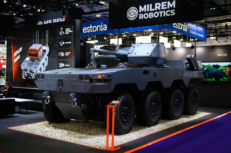 getty_6a8b2c77a4-1787505783 LONDON, ENGLAND - SEPTEMBER 09: A HAVOC Robotic Combat Vehicle by Milrem Robotics is displayed on day one of the Defence and Security Equipment International (DSEI) on September 09, 2025 in London, England. The DSEI hosts defence equipment manufacturers from around the world at a 4-day exhibition in London. Anti-war protesters gather outside in the hope of preventing the event from going ahead. (Photo by Leon Neal/Getty Images)