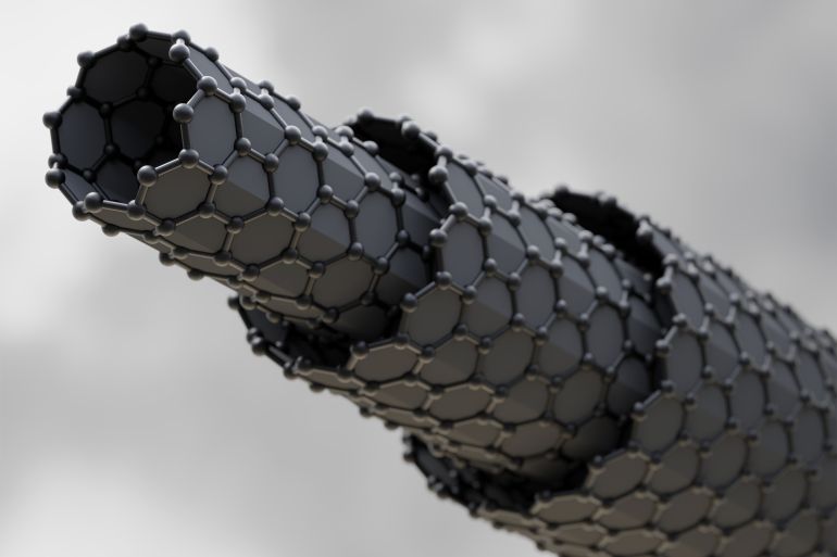 Graphene Multi-Walled Carbon Nanotubes, 3D Illustration. - stock photo This illustration depicts a set of multi-walled carbon nanotubes, in which the carbon atoms are aligned in a zig-zag configuration.