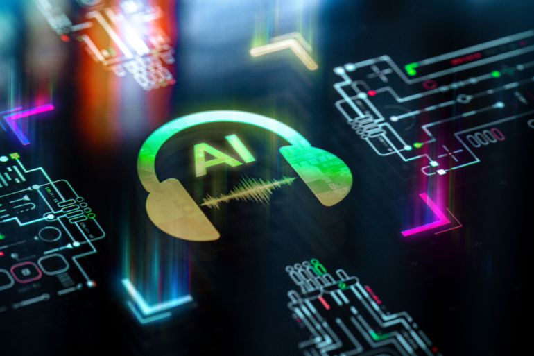 gettyimages-2177208515-1762687512 AI Audio neural engine core. AI music network concept futuristic background. AI music evolution and productivity. Futuristic headphones icon in world of technological progress and innovation