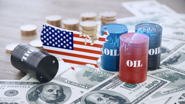 Oil Barrels and Stack Coin with USA World Border Map, Flag Textured, Financial Charts on 100 American Dollar Bills
