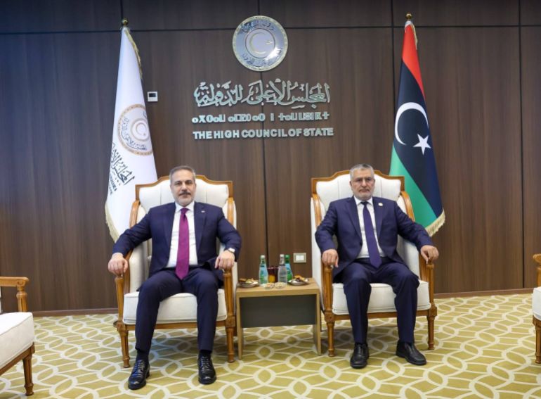gettyimages-2289566963-1786475008 TRIPOLI, LIBYA - AUGUST 11: (----EDITORIAL USE ONLY - MANDATORY CREDIT - 'TURKISH FOREIGN MINISTRY / HANDOUT' - NO MARKETING NO ADVERTISING CAMPAIGNS - DISTRIBUTED AS A SERVICE TO CLIENTS----) Turkish Foreign Minister Hakan Fidan meets with Libyan High Council of State President Mohamed Takala in Tripoli, Libya on August 11, 2026. (Photo by Turkish Foreign Ministry / Handout/Anadolu via Getty Images)