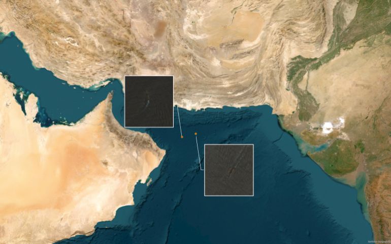map-1785837057 تمركز حاملتي الطائرات أبراهام لينكولن وجورج دبليو إتش بوش شرق الخليج العماني في الأول من أغسطس/آب الجاري