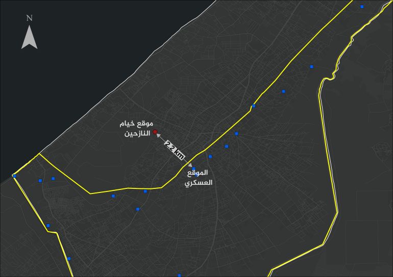 mqbrt-alnmsawy-1784704386 يبعد الموقع العسكري الإسرائيلي عن مخيم النازحين المقام في مقبرة النمساوي نحو 2 كيلومتر. (الجزيرة)
