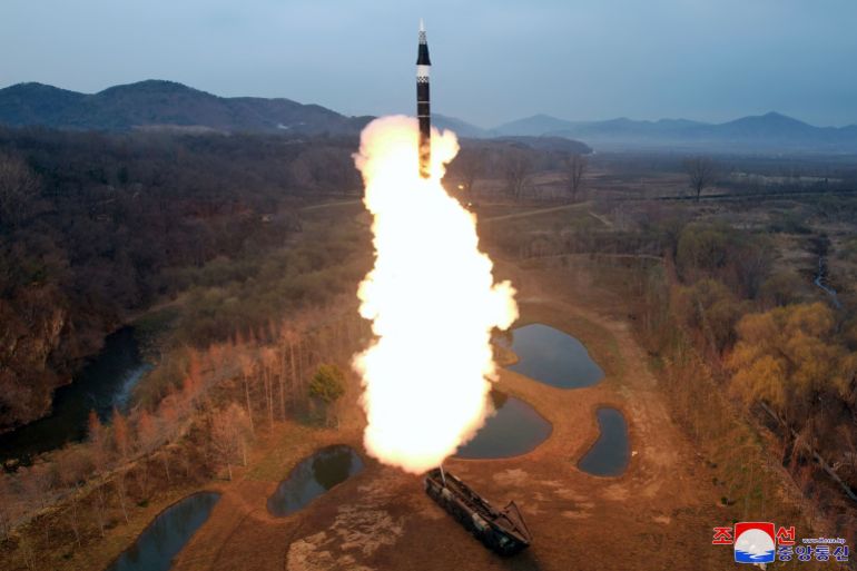 rc2oy6advsku-1713573676 FILE PHOTO: A missile is launched, as the state media reports North Korea test-fired a new mid- to long-range solid-fuel hypersonic missile, at an unknown location in North Korea, April 2, 2024, in this picture released on April 3, 2024, by the Korean Central News Agency. KCNA via REUTERS ATTENTION EDITORS - THIS IMAGE WAS PROVIDED BY A THIRD PARTY. REUTERS IS UNABLE TO INDEPENDENTLY VERIFY THIS IMAGE. NO THIRD PARTY SALES. SOUTH KOREA OUT. NO COMMERCIAL OR EDITORIAL SALES IN SOUTH KOREA./File Photo