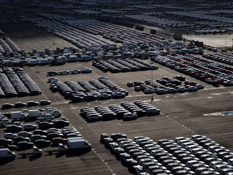 A drone view shows cars from different automakers at the port of Zarate, Argentina, January 19, 2026. REUTERS/Martin Cossarini