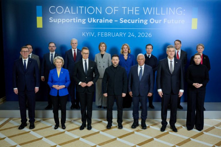 reuters_69a5a963-1772464483 Ukrainian President Volodymyr Zelenskiy and EU leaders pose for a picture before a meeting of 'Coalition of the Willing', amid Russia's attack on Ukraine, in Kyiv, Ukraine February 24, 2026. Ukrainian Presidential Press Service/Handout via REUTERS ATTENTION EDITORS - THIS IMAGE HAS BEEN SUPPLIED BY A THIRD PARTY.