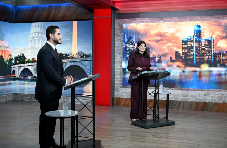 U.S. Senate candidate Abdul El-Sayed (D-MI) and U.S. Rep. Haley Stevens participate in a televised U.S. Senate debate moderated by Roop Raj from Fox 2 at Fox 2 Studios in Southfield, Michigan, U.S., July 27, 2026. Robin Buckson/Pool via REUTERS