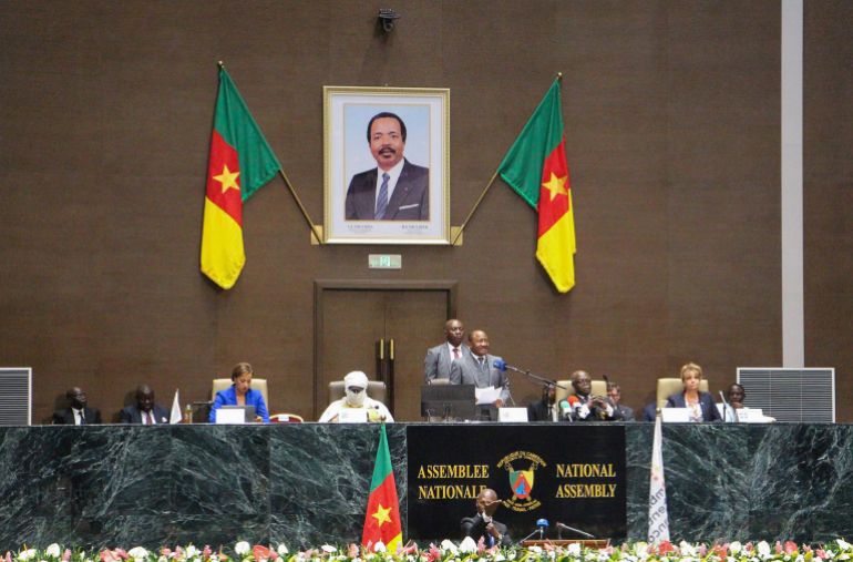 Theodore Datouo, Speaker of Cameroon's National Assembly, addresses delegates during the 51st Session of the Parliamentary Assembly of the Francophonie (APF), at the National Assembly in Yaounde, Cameroon, July 10, 2026. REUTERS/Mengnjo Etienne