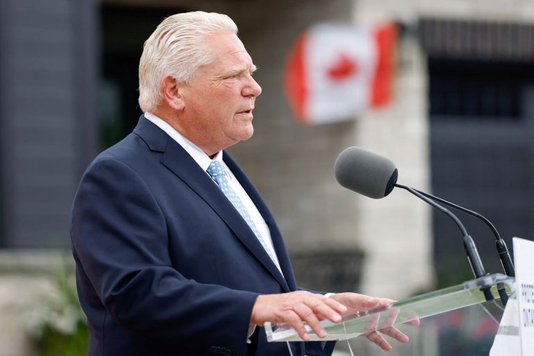 Ontario's Premier Doug Ford speaks to the media after trade talks between Canada and the U.S. collapsed, at a construction site in Hamilton, Ontario, Canada, August 24, 2026. REUTERS/Carlos Osorio