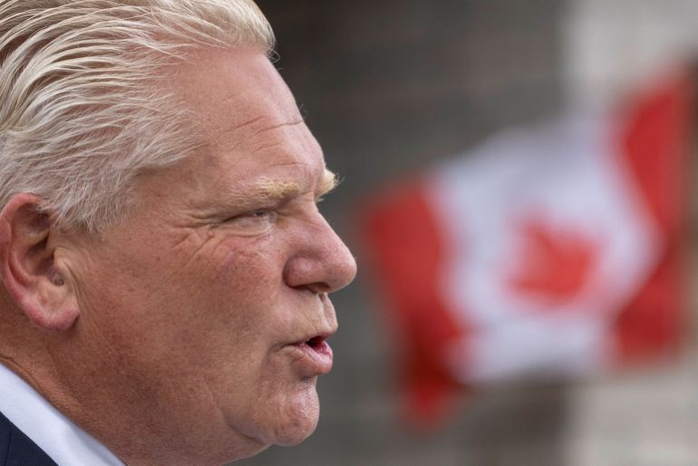 Ontario Premier Doug Ford speaks to the media about the collapse of trade talks between Canada and the United States, in Hamilton, Ontario, Canada, August 24, 2026. REUTERS/Carlos Osorio
