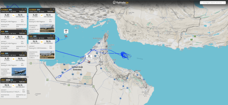 route-1-1788166458 مقاتلة إف-16 وعدد من طائرات التزود بالوقود الأمريكية حول مضيق هرمز 31 أغسطس/آب
