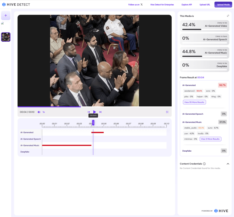 screenshot-1785851149 أداة كشف التزييف ترجح أن المقطع مولد بالذكاء الاصطناعي (Hive AI Detector).