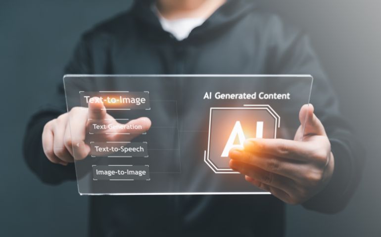 shutterstock_2330707771-1778240861 AI, Artificial Intelligence, AI generated content Concept. Artist Man using AI Art to generate image content. Text to image command prompt generates, technology Business, futuristic transformation.
