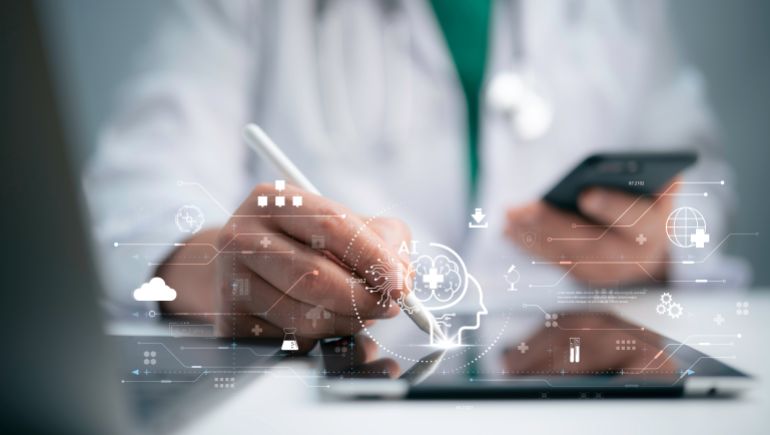 shutterstock_2421704541-1779627561 Medical worker using technology smart robot AI,Concept of healthcare and medical AI technology services and advance of technology Artificial Intelligence for future healthcare transformation.