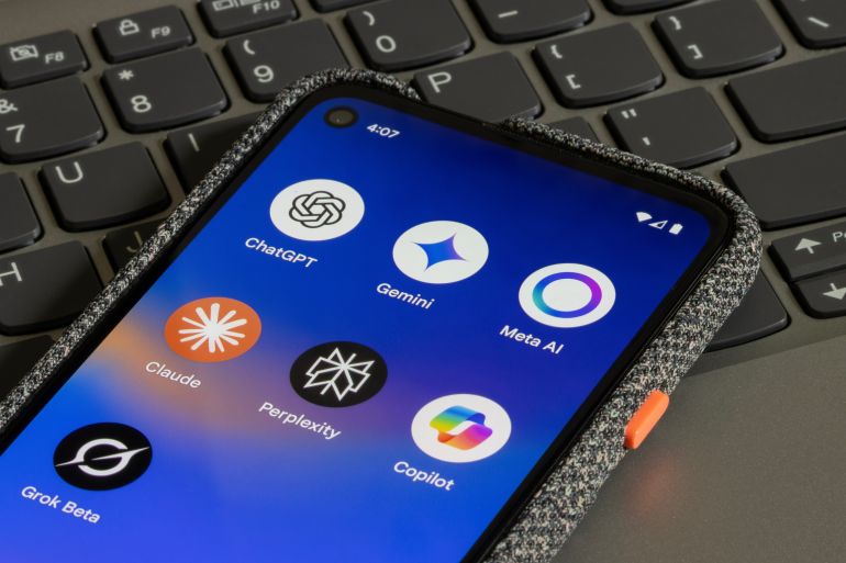 Portland, OR, USA - May 2, 2025: Assorted AI apps, including ChatGPT, Google Gemini, Meta AI, Claude, Perplexity, Microsoft Copilot, and Grok, are seen on the screen of a Google Pixel smartphone.