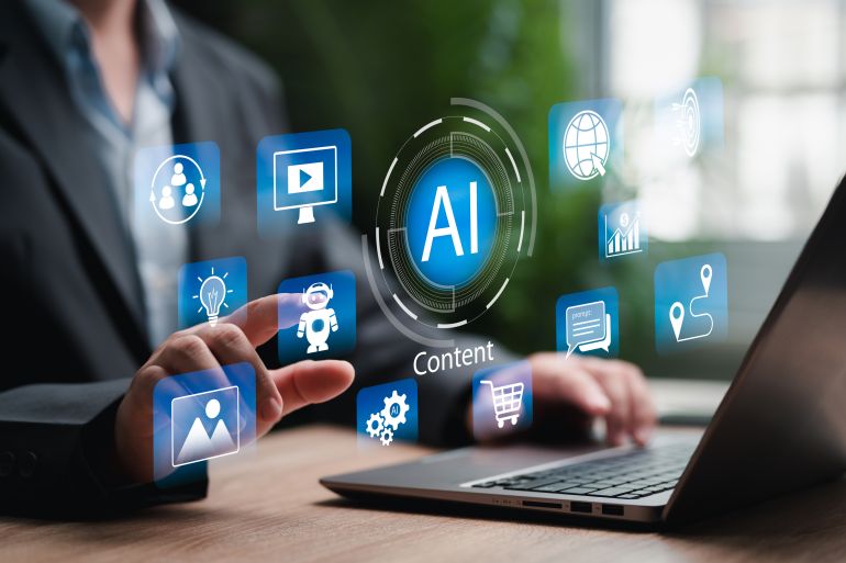 shutterstock_2686332039-1780741121 AI Marketing Strategy and Content Creation Concept, Businessman Using Artificial Intelligence for Digital Marketing, Data-Driven Advertising, Brand Growth, Social Media Campaign, Creative Innovation