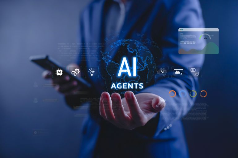 shutterstock_2757701587-1777762916 Business presenting AI agents interface with global digital network, representing artificial intelligence automation, smart technology solutions, and future business innovation concept.