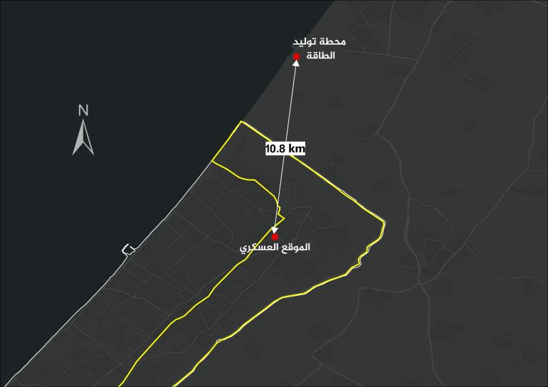 ybcabfd-almwqcabf-1784704721 الموقع العسكري الإسرائيلي يبعد عن محطة توليد الطاقة نحو 10.8 كم (الجزيرة)