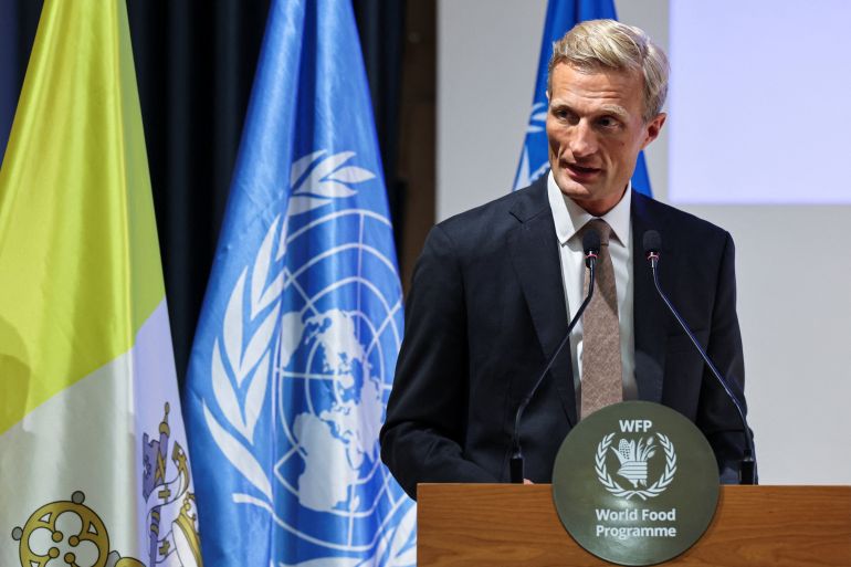 Carl Skau, Acting Executive Director of the World Food Programme (WFP) speaks as Pope Leo visits the Rome headquarters of the World Food Programme, to address participants at the agency's annual Executive Board session, in Rome, Italy, June 22, 2026. REUTERS/Vincenzo Livieri
